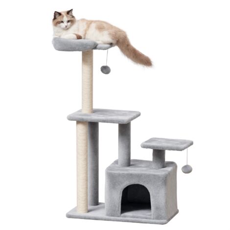 PawHut Cat Tree Tower with Sisal Scratching Post Condo 114cm Light Grey