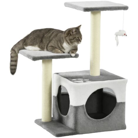 PawHut Cat Tree w/ Sisal Scratching Posts, House, Perches, Toy Mouse Grey