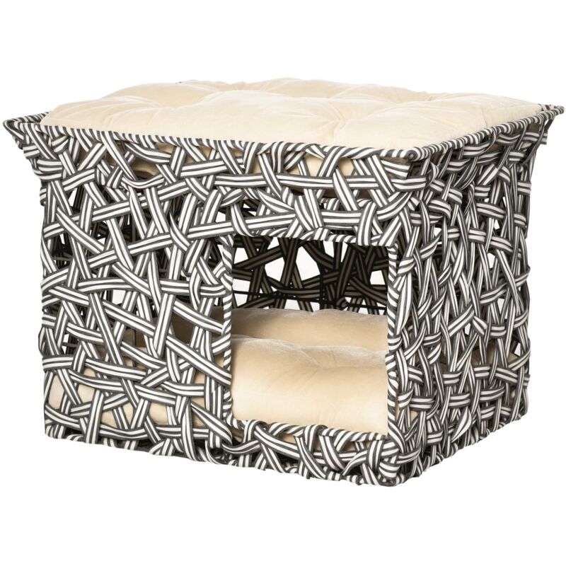 

Cesta de Ratán para Gatos de 2 Pisos Cueva Cama de Gato Tipo Caseta con 2 Cojines Suaves Estructura de Metal 51x42x37 cm Blanco y Negro - Negro y