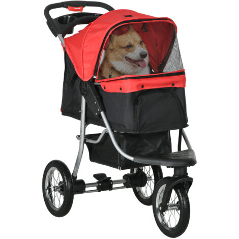 PawHut Chariot pliable pour chien et chat jusqu'à 10 kg, poussette avec fenêtres en filet, porte-gobelet et panier de rangement, couleur rouge
