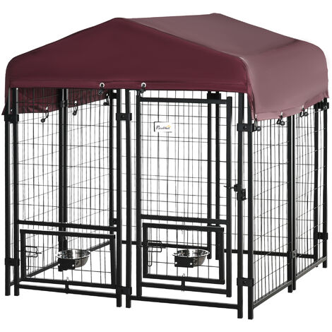 Pawhut – Chenil extérieur pour chien – Enclos abrité 120x120x138cm – Acier inoxydable imperméable anti-UV – Porte verrouillable et 2 bols rotatifs