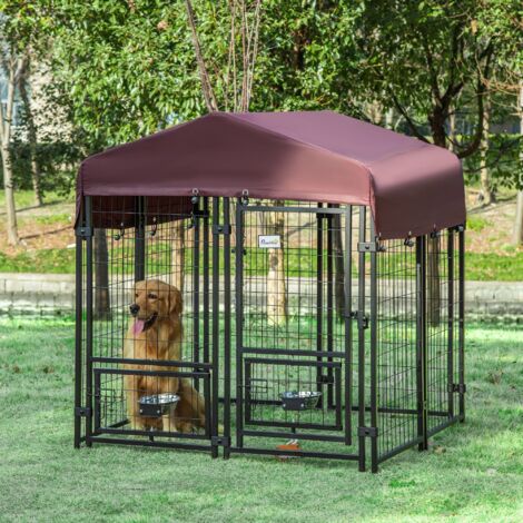 PawHut Chenil extérieur pour chiens parc à chiot avec toit en tissu oxford avec 2 supports de bol rotatifs 8 panneaux toit résistant aux intempéries 120 x 120 x 138 cm