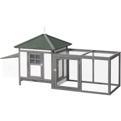 PawHut Chicken Coop Hen Poultry House w/ Nesting Box Outdoor Run Patio Wooden Grey