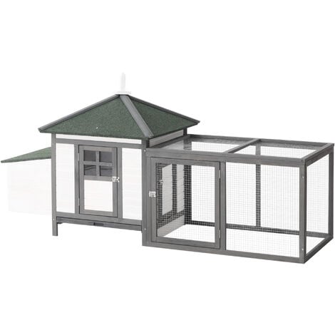 PawHut Chicken Coop with Run Hen House Poultry Coops Cages Pen with Nesting Box Grey