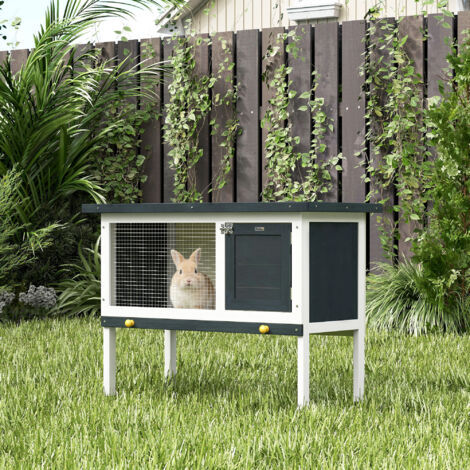 PawHut Clapier sur pied cage à lapin avec niche intérieur toit ouvrant porte verrouillable 90 x 45 x 65 cm gris foncé blanc