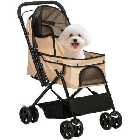 PawHut cochecito para mascotas plegable con mango reversible puerta ventana de malla cesta de almacenamiento y cuerda de seguridad 76,5x52x95 cm