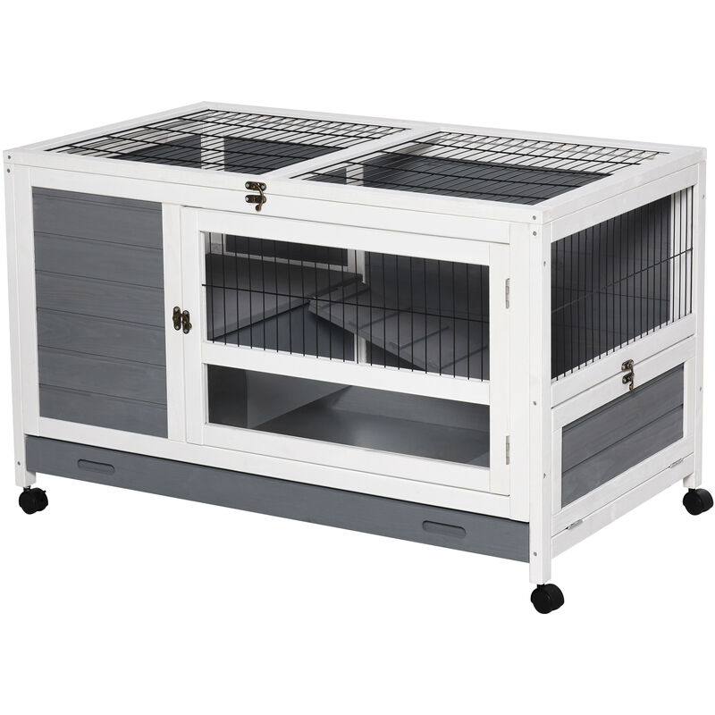 

Conejera de Madera 2 Pisos con Ruedas Bandeja Extraíble Rampa 102x60x63,5cm - Gris