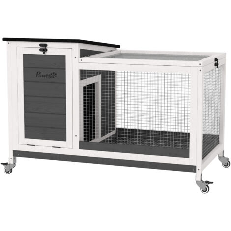 PawHut conejera de madera con ruedas techo asfáltico abatible y bandeja extraíble conejera para interior y exterior 91x51x66 cm blanco y gris oscuro