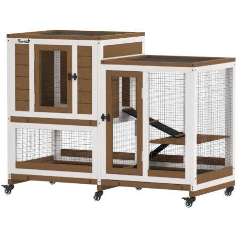 PawHut conejera de madera de 2 niveles con 6 ruedas 2 escaleras 3 bandejas extraíbles puertas con cerraduras y zona abierta 110x50x86 cm marrón