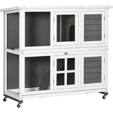 PawHut conejera de madera de 2 niveles con ruedas techo abatible y bandejas extraíbles para interior y exterior 119x50,5x109 cm blanco y gris