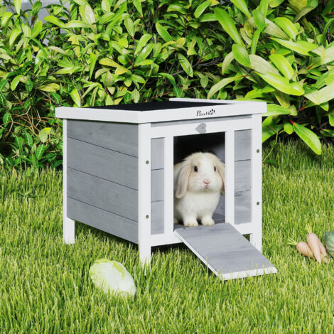 PawHut Conejera de Madera Exterior Jaula Caseta para Roedores Mascotas Pequeñas con Techo Asfáltico Se Puede Abrir y Rampa Antideslizante 42x51x43 cm Gris
