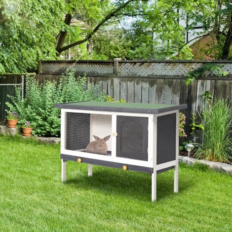PawHut Conejera de Madera Exterior Jaula Elevada para Conejos Cobayas Animales Pequeños con Techo Asfáltico Abatible Bandejas Extraíbles y Puerta con Pestillo 90x45x65 cm Gris Oscuro