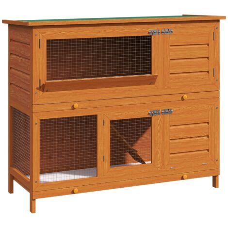 PawHut Conejera  Exterior de 2 Niveles Jaula para Conejos con Techo de Asfalto Abrible Rampa Puertas y 2 Bandejas Extraíbles 120x48x100 cm  Natural