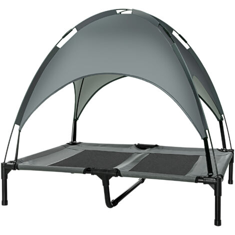 PawHut Couchette surélevée pour chien chat avec velum anti-UV, tissu Oxford microperforé, parasol et sac de transport inclus, 92x76x90 cm gris noir