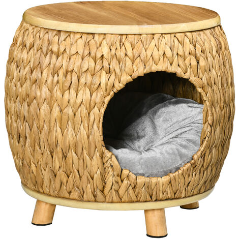 PawHut cueva para gatos cesta para gatos de mimbre con cojín lavable y patas elevadas apariencia de taburete para interior y exterior 44x43x42 cm