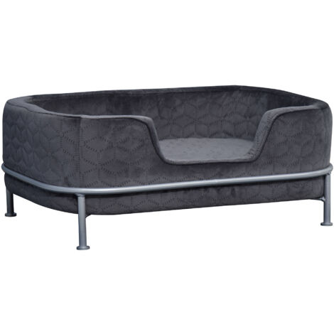 PawHut Divano per Cani e Gatti Imbottito in Velluto con Base in Metallo, 63.5x43x24.5cm - Grigio Scuro