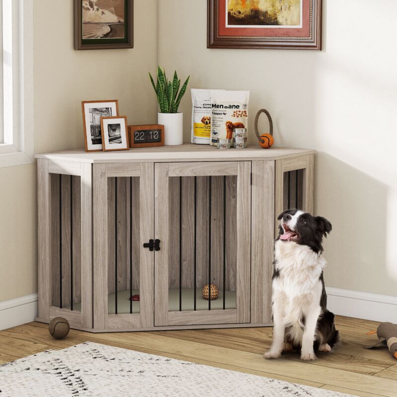 Pawhut - Dog Crate Furniture for Large Dogs w/ Cushion, Door Brown