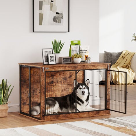 Pefilos Wood Dog Crate Furniture With Cushion, Double-Doors