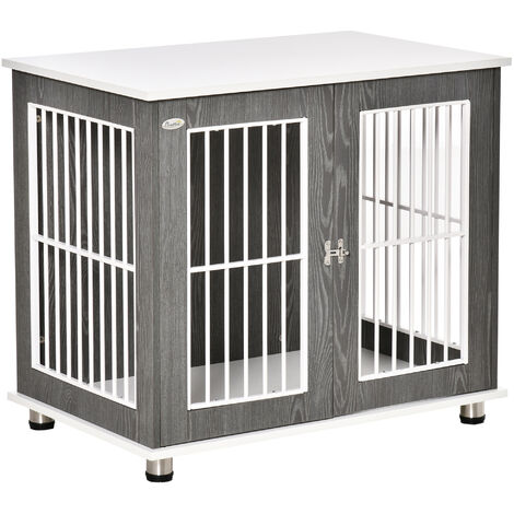 main image of "PawHut Dog Crate Wooden Pet Kennel Cage End Table w/ Lockable Door for Small Medium Dog Grey & White 85 x 55 x 75 cm"