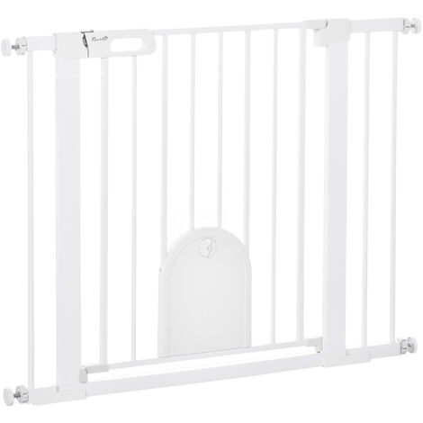 PawHut Dog Gate with Cat Flap Pet Safety Gate Barrier, Stair Pressure Fit Black 76x103 cm