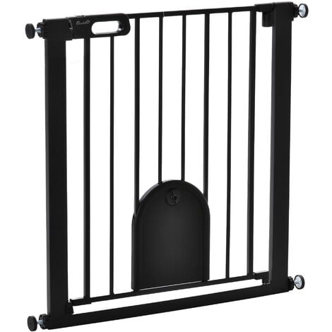 PawHut Dog Gate with Cat Flap Pet Safety Gate Barrier, Stair Pressure Fit Black 76x82 cm