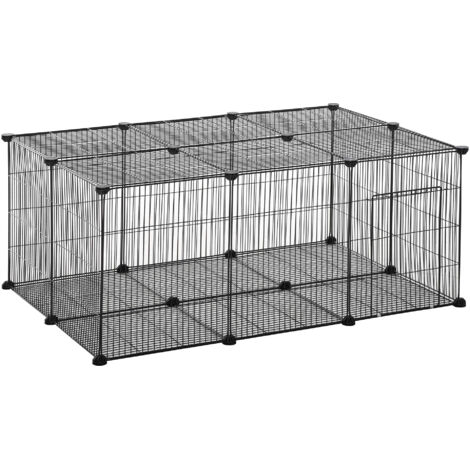 Pawhut Enclos modulable pour lapins et petits animaux, 22 panneaux métalliques avec porte, Noir, 105 x 70 x 45cm