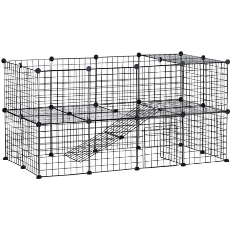 Pawhut – Enclos modulable pour petits animaux 146 x 73 x 73 cm – 36 panneaux en fil métallique noir – 2 niveaux avec bords arrondis