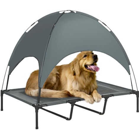 PawHut Erhöhtes Hundebett mit Baldachin, Haustierbett, Hundeliege outdoor mit Dach, Atmungsaktiv, Taftstoff für Camping Grau 122 x 92 x 108 cm