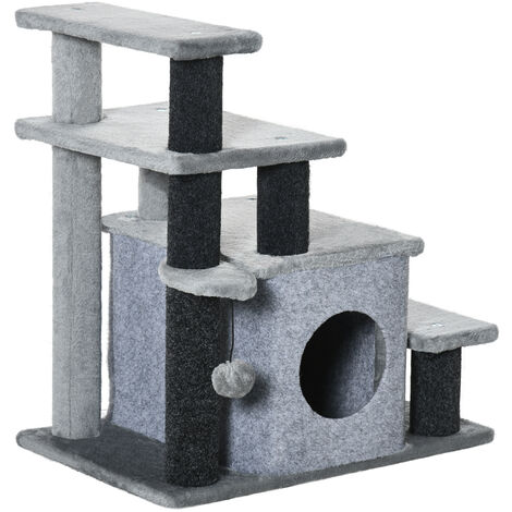 PawHut escalera para gatos de 4 peldaños escalón para mascotas con altura ajustable caseta bola colgante y postes para cama sofá 60x40x66 cm