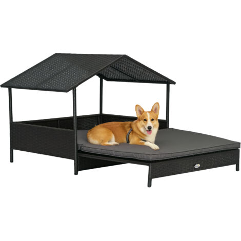PawHut Extendable Rattan Dog House w/ Water-Resistant Roof, Cushion Grey