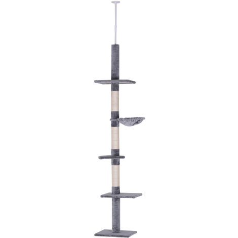 PawHut Floor to Ceiling Cat Tree for Indoor Cats 5-Tier Scratching Post 230-260cm Grey