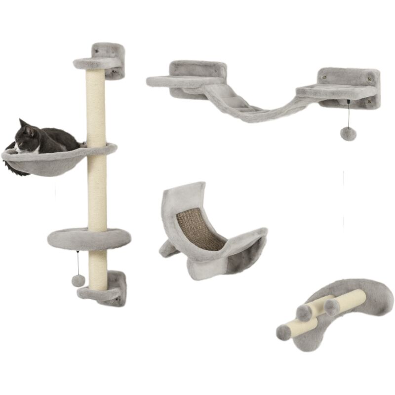 Pawhut - 4 Piece Cat Wall Furniture Hammock Ladder Steps Plush Sisal Grey