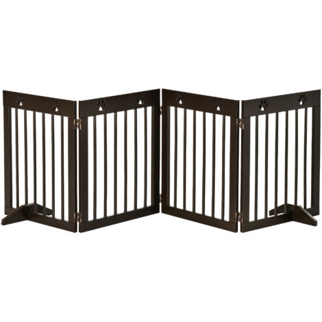 PawHut Freestanding Pet Gate 4 Panel Wooden Dog Barrier Folding Safety Fence with Support Feet up to 204cm Long 61cm Tall for Doorway Stairs Brown