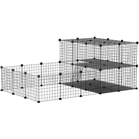 PawHut Freigehege aus Metall DIY Kleintierauslauf 2-stöckig Kleintierkäfig mit Tür und Leiter für Chinchilla Kaninchen Meerschweinchen 33 Platten Metallgitter Schwarz 175 x 105 x 70 cm - Schwarz