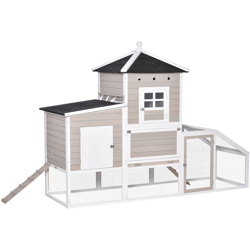 

Gallinero Madera Exterior Jaula Grande para Gallinas con Caseta de 2 Niveles Zona Abierta Nido Bandeja Extraíble y Techo Asfáltico 235x83x171 cm Gris