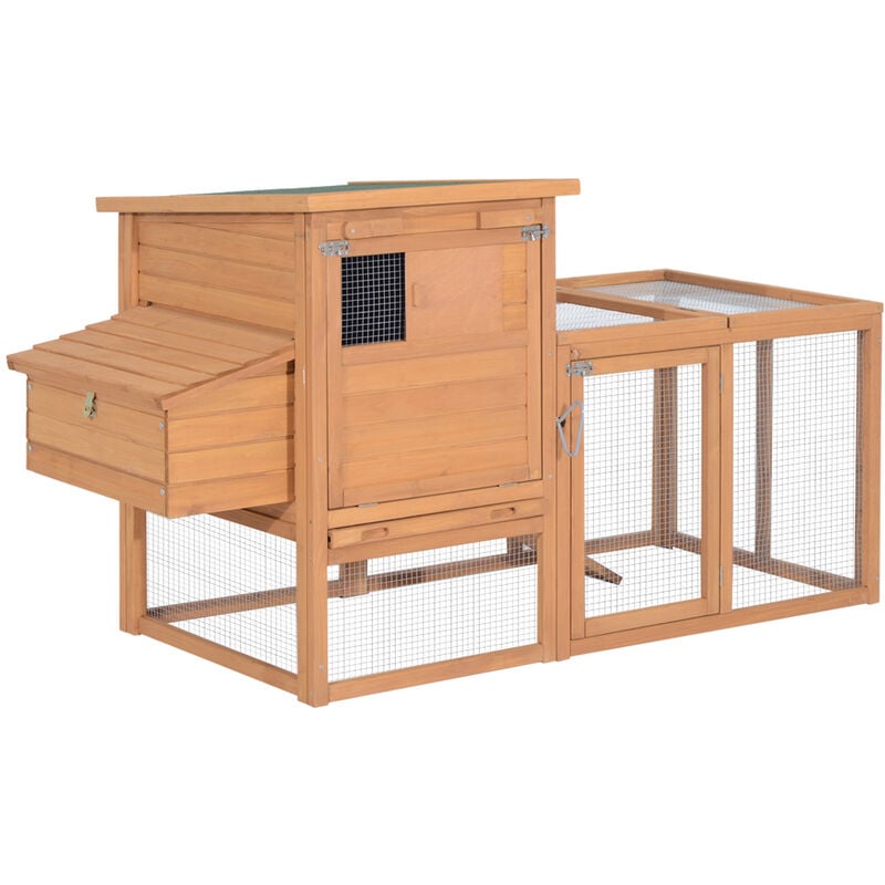 

Gallinero de Madera para Exterior Jaula para Gallinas con Zona Abierta Ponedero Bandeja Extraíble Techo Asfáltico Abatible y Rampa 190x81x103 cm