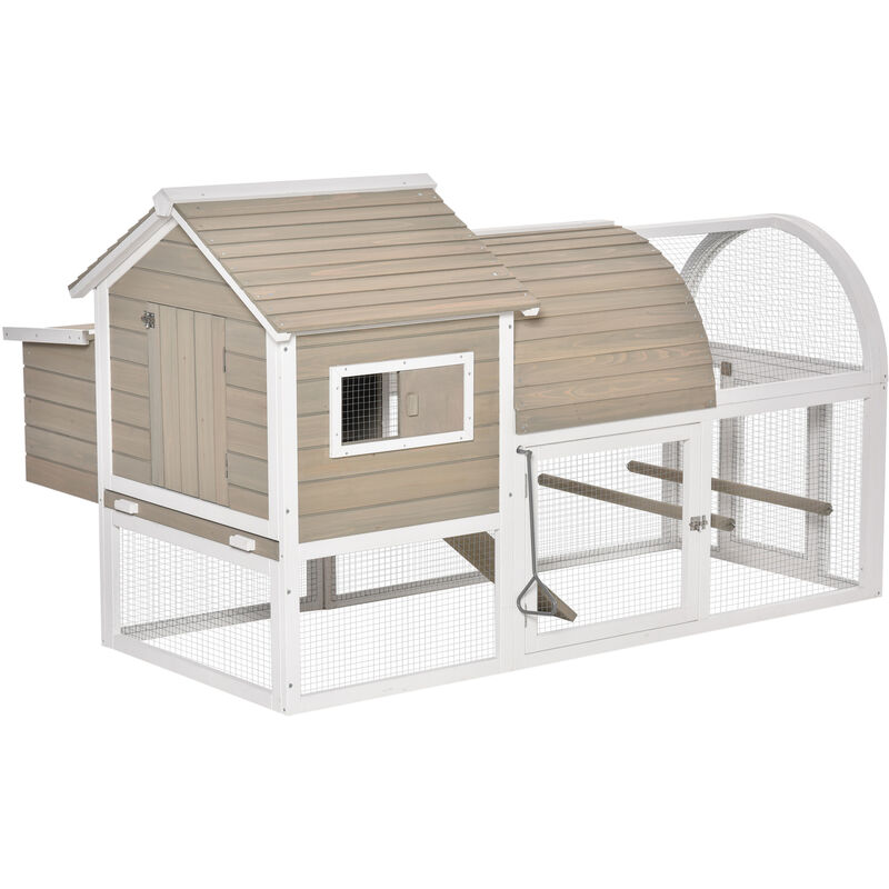 

Gallinero Exterior de Madera de Abeto con Zona Abierta Caja Nido 2 Columpios Bandeja Extraíble y Rampa 167,5x109x100 cm Color Natural y Blanco