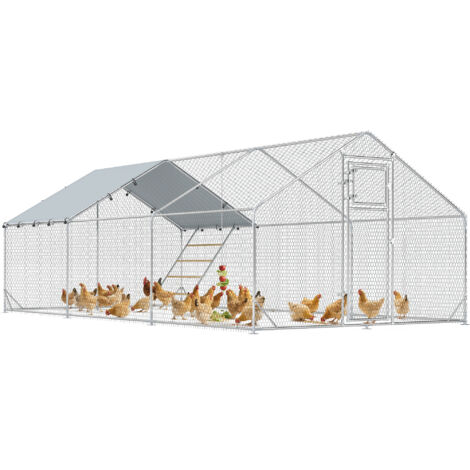 PawHut gallinero para exterior 3x6x2 m con comedero colgante tipo brocheta percha cubierta anti-UV e impermeable para conejos patos gansos plata