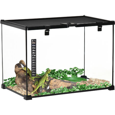 PawHut Glass Reptile Terrarium Insect Breeding Tank Vivarium Habitats with Thermometer for Lizards, Horned Frogs, Snakes, Spiders - Large 50 x 30 x 35cm