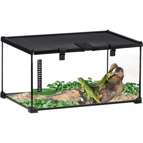 PawHut Glass Reptile Terrarium Insect Breeding Tank Vivarium Habitats with Thermometer for Lizards, Horned Frogs, Snakes, Spiders - Medium 50 x 30 x 25cm