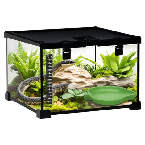 PawHut Glass Reptile Terrarium Insect Breeding Tank with Thermometer for Lizards Small