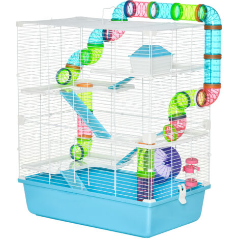 PawHut Grande cage pour rongeurs 5 étages avec tunnels, biberon, roue, maisonnette, échelles, dimensions 59L x 36l x 69H cm
