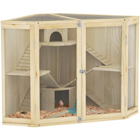 PawHut Hamsterkäfig aus Holz, Kleintierstall mit 4 Ebenen, Fütterungsstation, Wippe, Rampe, Hütten, Nagerkäfig Mäusekäfig Kleintierkäfig für Zwerg- und Syrische Hamster, 115 x 69,5 x 79 cm