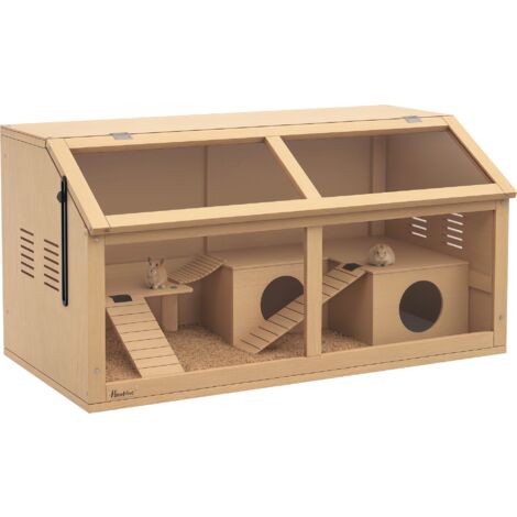 PawHut Hamsterkäfig Kleintierkäfig aus Holz, Kleintierstall mit Hängebrücke, Leitern, Hütte, 84 x 45 x 44 cm Nagerkäfig mit Oberer Tür, für Zwerghamster, Natur