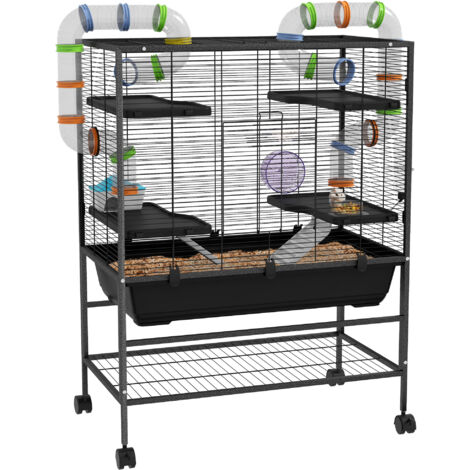 PawHut Hamsterkäfig Nagerkäfig mit Rädern, Röhren, Ablagefläche, Rampen, Laufrad, Futternapf, Wasserflasche, Kleintierkäfig Meerschweinchen Käfig Mäusekäfig für Rennmäuse, syrische Hamster, Schwarz