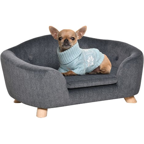 PawHut Haustiersofa Hundematte Hundebett Hundesofa Hundecouch Katzen Sofa mit Kissen Rückentasche Plüsch Schaumstoff Kiefernholz Dunkelgrau 70 x 47 x 30 cm