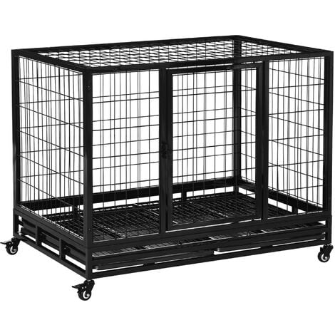 PawHut Heavy Duty Metal Dog Kennel Pet Cage with Crate Tray and Wheels Black