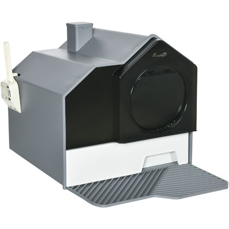 PawHut Hooded Cat Litter Tray w/ Scoop, Drawer Pan, Handle, Deodorants Grey