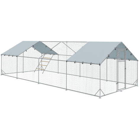 PawHut Hühnerstall Freilaufgehege aus Stahl, 3 x 8 x 1,95 m Hühnerkäfig mit UV-beständiger Abdeckung, Futtertür, Hängefütterung, Sitzstange, Hühnergehege für 24-30 Hühner, Kleintiere, Silber