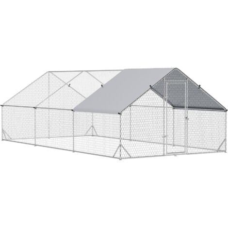 PawHut Hühnerstall Freilaufgehege aus Stahl, 300 x 600 x 200 cm Hühnerkäfig mit Abdeckung, Tür, Hühnergehege für 12-18 Hühner, Kleintiere, Silber